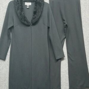 Indications Pantsuit Women's Size Small Black Duster Pants Set Faux Fur Collar